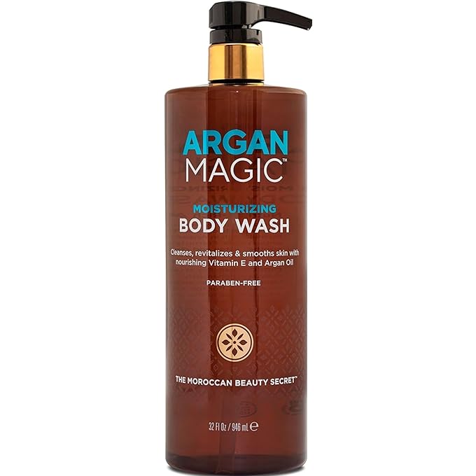 غسول الجسم المنظف ARGAN MAGIC - ينظف البشرة بلطف، ينعش وينعم البشرة | غني بزيت الأرجان، زيت اللوز الحلو وفيتامين E | صنع في الولايات المتحدة الأمريكية | بارابين فري | خالي من القسوة (32 أونصة / 946 مل)